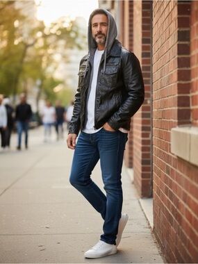 Levi's Black Faux Leather Hooded Bomber Jacket with Gray Hood